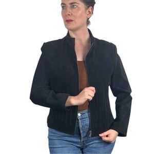BERNARDO BLACK SUEDE TAILORED ZIP FRONT MOCK NECK LEATHER JACKET